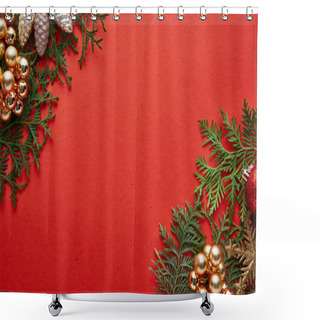 Personality  Top View Of Shiny Christmas Decoration On Green Thuja Branches On Red Background With Copy Space Shower Curtains