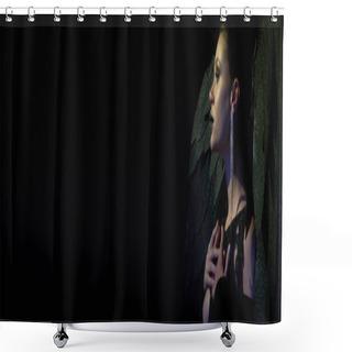 Personality  Gothic Beauty, Side View Of Woman In Halloween Costume Of Dark Demon With Wings On Black, Banner Shower Curtains