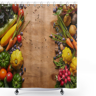 Personality  Frame Of Healthy Food Vegetables And Beans On Wooden Table Shower Curtains