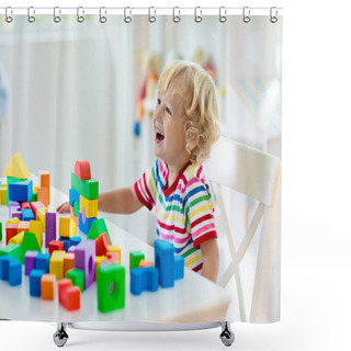 Personality  Kid Playing With Colorful Toy Blocks. Little Boy Building Tower Of Block Toys. Educational And Creative Toys And Games For Young Children. Baby In White Bedroom With Rainbow Bricks. Child At Home. Shower Curtains