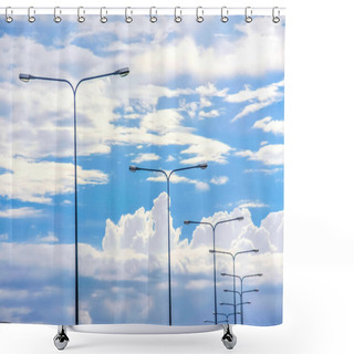 Personality  Light Pole On Beautiful White Cloud And Blue Sky Shower Curtains