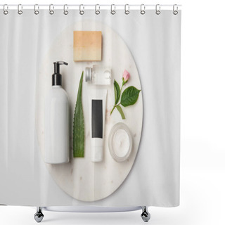 Personality  Top View Of Different Cosmetic Containers, Soap, Aloe Vera Leaf And Rose Flower On White Round Surface Shower Curtains