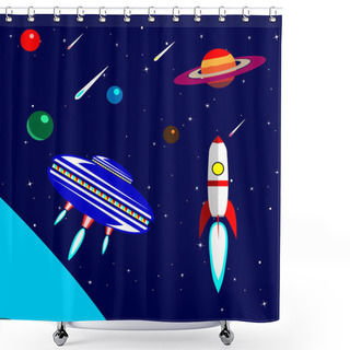 Personality  Space, Rocket, Flying Saucer, Planets, Stars. Flat Style Shower Curtains