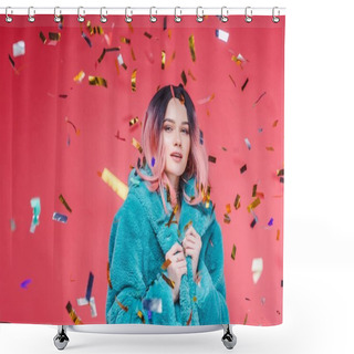 Personality  Stylish Glamour Girl With Pink Hair Posing In Blue Fur Coat, Isolated On Pink With Confetti Shower Curtains
