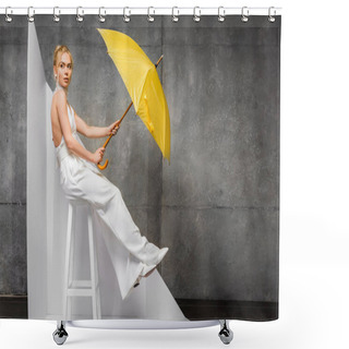 Personality  Attractive Blonde Woman Sitting On Chair And Holding Yellow Umbrella On White And Grey  Shower Curtains