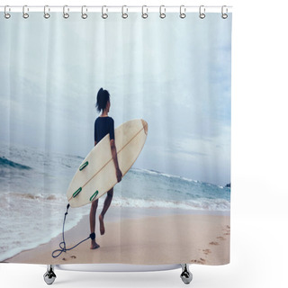 Personality  Surfer Woman With Surfboard Walking On Tropical Beach  Shower Curtains