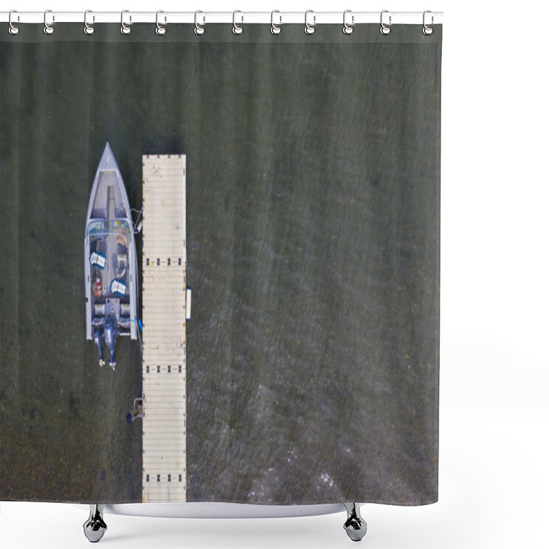 Personality  Aerial Birdseye View Of A Speed Boat At A Pier. Shower Curtains