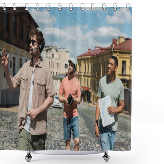 Personality  Smiling Multicultural Tourists With Travel Map And Vintage Camera Walking With Guide In Headset On Historical District In Kyiv Shower Curtains