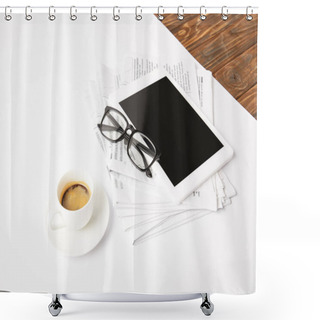 Personality  Eyesight, Cup Of Coffee, Newsprint And Digital Tablet With Blank Screen, On White Shower Curtains