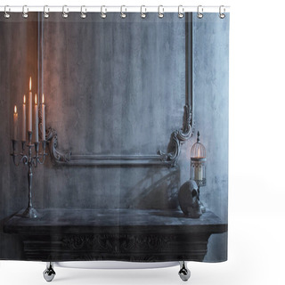 Personality  Mystical Halloween Still-life Background. Skull, Candlestick With Candles, Old Fireplace. Horror And Witchery Concepts. Shower Curtains