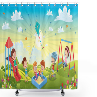 Personality  Children Having Fun At Spring Landscape Shower Curtains