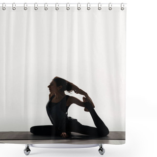 Personality  Side View Of Woman Practicing Yoga And Doing King Pigeon On White Shower Curtains