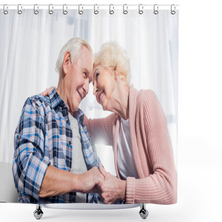 Personality  Low Angle View Of Happy Senior Couple Looking At Each Other And Holding Hands Shower Curtains