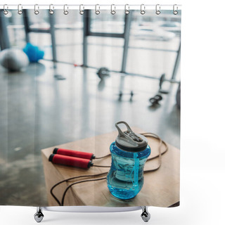 Personality  Closeup View Of Jump Rope And Bottle Of Water On Wooden Box At Gym Shower Curtains
