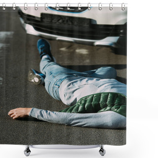 Personality  Cropped Shot Of Victim Lying On Road After Motor Vehicle Collision Shower Curtains