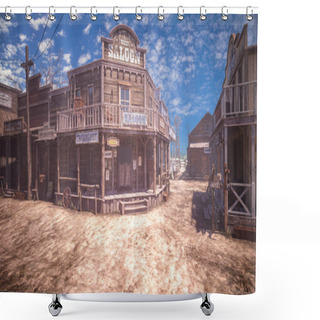 Personality  Saloon And Stores In Dusty Old Wild West Frontier Town.3D Illustration. Shower Curtains