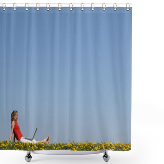 Personality  Girl Relaxing With Laptop In Flowering Field Shower Curtains