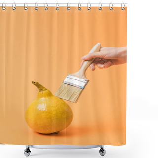 Personality  Cropped View Of Woman Holding Paintbrush Near Yellow Painted Pumpkin On Orange Background Shower Curtains