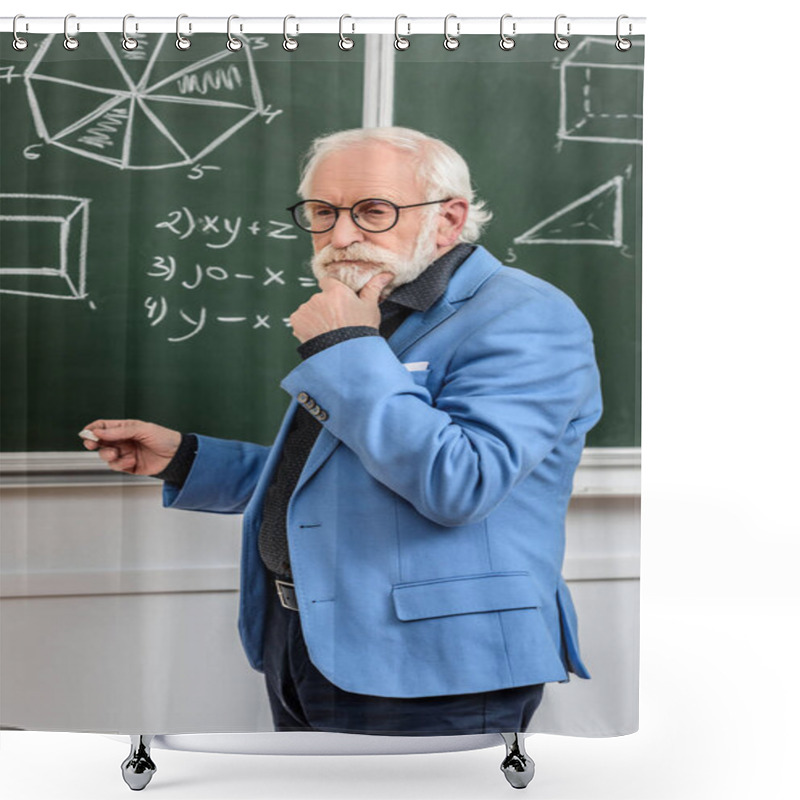 Personality  Pensive Grey Hair Professor Standing At Blackboard With Piece Of Chalk Shower Curtains