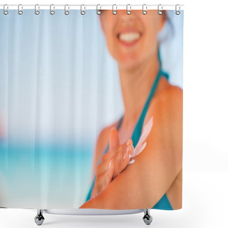 Personality  Closeup On Female Hand Applying Sun Block Creme On Arm Shower Curtains