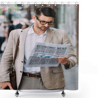 Personality  Focused Businessman In Glasses Reading Newspaper On Street Shower Curtains