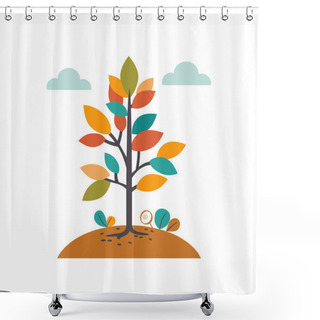 Personality  Colorful Stylized Tree Vector Illustration, Autumn Fall Concept. Simplistic Design, Seasonal Plant Graphics Snail Detail, Flat Style. Warm Colors, Semicircular Hill, Isolated White Background Shower Curtains