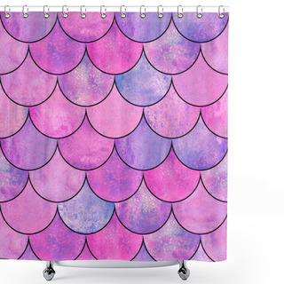 Personality  Mermaid Fish Scale Wave Japanese Magic Seamless Pattern. Watercolor Hand Drawn Bright Colorful Background With Black Contour. Watercolour Scales Shaped Texture. Print For Textile, Wallpaper, Wrapping. Shower Curtains