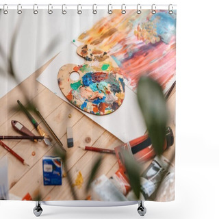 Personality  Selective Focus Of Palette With Paints And Art Tools On Table Shower Curtains