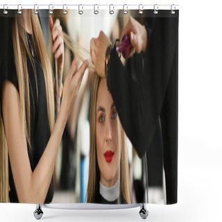 Personality  Beautiful Woman Getting Hairstyle In Beauty Salon Shower Curtains