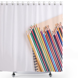Personality  Set Of Wooden Colorful Pencils On Notebook On White Background Shower Curtains