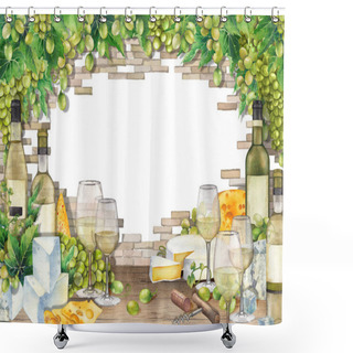 Personality  Watercolor Glasses Of White Wine, Bottles, White Grapes And Cheese. Shower Curtains