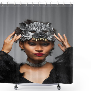 Personality  Displeased African American Woman Adjusting Werewolf Halloween Mask Isolated On Grey Shower Curtains