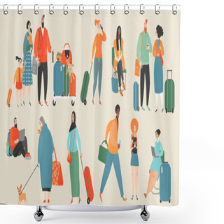 Personality  Set Of Vector Illustrations Of People At The Airport Or Train Station Shower Curtains