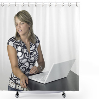 Personality  Cute Blond Girl Turns Away From Laptop Shower Curtains