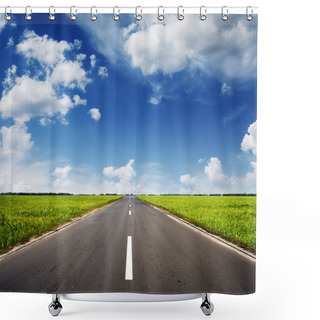 Personality  Asphalt Road Through The Green Field Shower Curtains