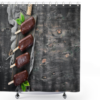 Personality  Chocolate Ice Cream On A Stick. On A Black Background. Top View. Free Copy Space Shower Curtains