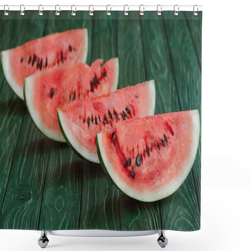 Personality  Close Up View Of Watermelon Slices On Green Wooden Surface Shower Curtains
