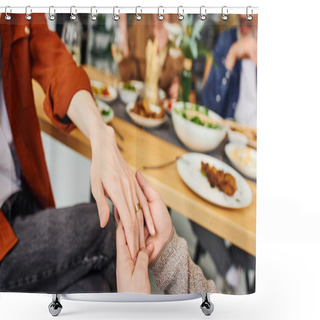 Personality  Cropped View Of Gay Man Holding Hand On Boyfriend In Wedding Ring Near Blurred Supper And Parents At Home Shower Curtains