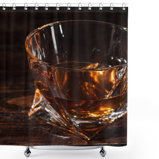 Personality  Close-up View Of Amber Alcohol In Glass On Wooden Table Shower Curtains