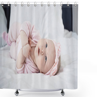 Personality  Infant Baby Girl Lying On Bed While Looking Up Shower Curtains