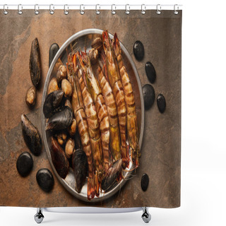 Personality  Top View Of Shellfish, Cockles And Mussels In Bowl On Textured Surface  Shower Curtains