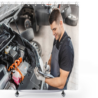 Personality  Smiling Mechanic Writing On Clipboard While Inspecting Car Engine Compartment Shower Curtains