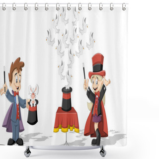 Personality  Magician Kids Holding Magic Wands Performing Tricks With Animals Shower Curtains