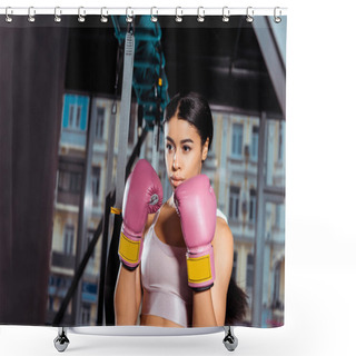 Personality  Attractive Strong Girl In Protective Gloves Practicing Boxing In Gym  Shower Curtains