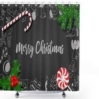Personality  Christmas Decoration With Fir Tree, Holly Berry, Candy Cane, Lollypop On Black Chalkboard With Christmas Decor Objects Silhouettes. Place For Text Vector Illustration. For Cards, Web Design, Shower Curtains