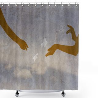 Personality  Hands Couple In Love, Hands Of Children Against The Sky With A Cloud, Vintage Shower Curtains