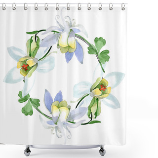 Personality  White Aquilegia Flowers. Frame Border Ornament Wreath. Watercolor Background Illustration. Beautiful Aquilegia Flowers Drawing In Aquarelle Style. Shower Curtains