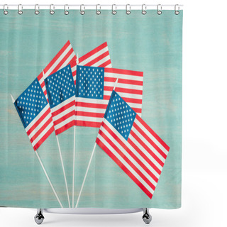 Personality  Flat Lay With Arranged American Flags On Blue Wooden Surface, Presidents Day Concept Shower Curtains