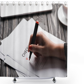 Personality  Cropped View Of Woman Holding Marker Pen Near Checklist On Table  Shower Curtains