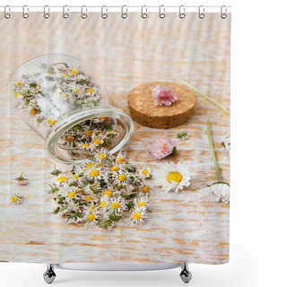 Personality  Dried Herbal Medicinal Plant Common Daisy, Also Known As Bellis Perennis. Dry Flower Blossoms In Glass Jar And Wood Spoon, Ready For Making Herbal Tea, Indoors Still Life. Shower Curtains
